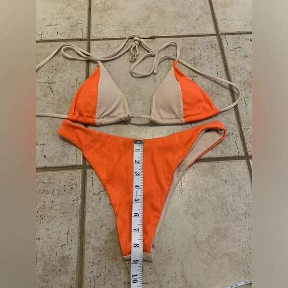 💜 Zaful Ribbed Orange and Tan Color-Block Bikini Set - Size Small - Picture 6 of 8